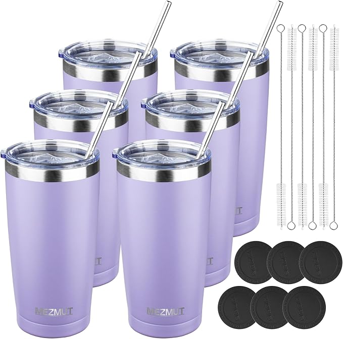 MEZMUT 20oz Tumbler Coffee Travel Mug with Lid and Straw, 6 Pack Stainless Steel Double Wall Vacuum Spill Proof Insulated Tumbler, Hot or Iced Coffee Cups for Drinks (6Pcs, Light Purple)