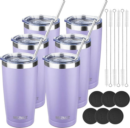 MEZMUT 20oz Tumbler Coffee Travel Mug with Lid and Straw, 6 Pack Stainless Steel Double Wall Vacuum Spill Proof Insulated Tumbler, Hot or Iced Coffee Cups for Drinks (6Pcs, Light Purple)