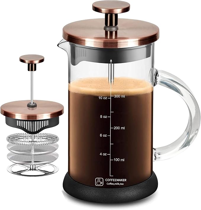 YMMIND French Press Coffee Maker 12 Ounce Espresso Tea Coffee Maker with 4 Filters System, Stainless Steel Plunger and Heat Resistant Borosilicate Glass BPA-Free Brewed Tea Pot Coffee Plunger