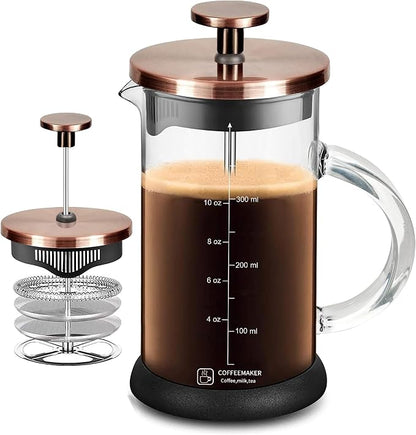 YMMIND French Press Coffee Maker 12 Ounce Espresso Tea Coffee Maker with 4 Filters System, Stainless Steel Plunger and Heat Resistant Borosilicate Glass BPA-Free Brewed Tea Pot Coffee Plunger