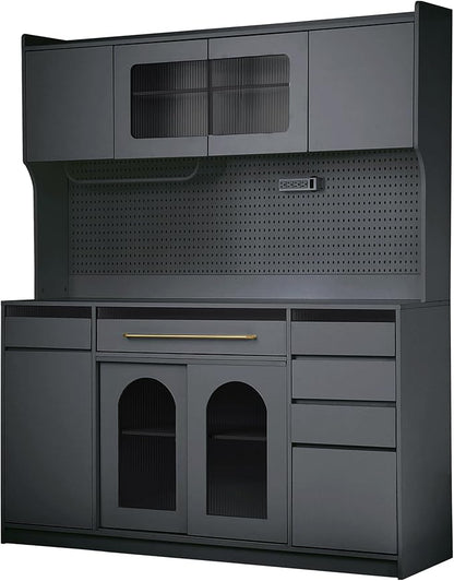 VilroCaz Freestanding Large Kitchen Pantry, Wooden Kitchen Large Coffee Bar Storage Cabinet with 6 Drawers, 5 Cabinets with Adjustable Shelves, Pegboard, Towel Rack, Power Outlet (Black-po)