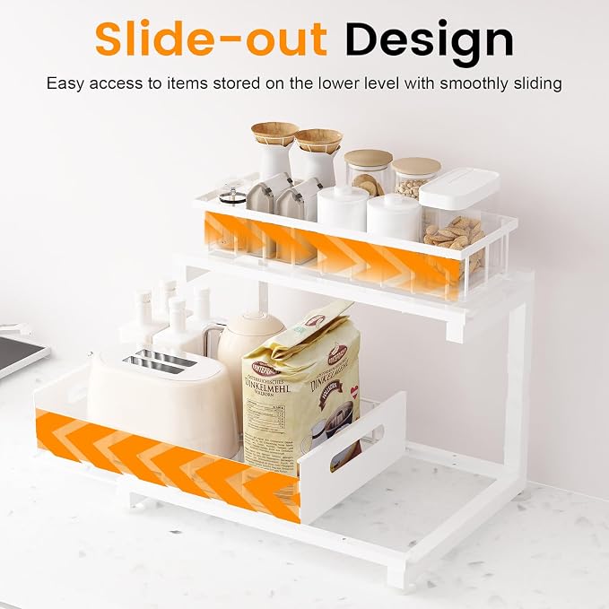 Under Sink Organizer, Heavy Duty Metal Pull Out Cabinet Organizer Slide Out Sink Shelf Organizer Height Adjustable, Multi-Purpose Storage Shelf for Kitchen Bathroom(White,2Pack)
