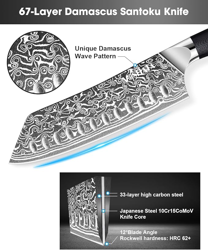MOSFiATA Damascus 7" Santoku Knife, Damascus Stainless Steel VG10 Core, Chef's Knives Chopping Cooking Knife Set with G10 Handle Sharpener Gift Box