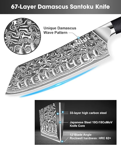 MOSFiATA Damascus 7" Santoku Knife, Damascus Stainless Steel VG10 Core, Chef's Knives Chopping Cooking Knife Set with G10 Handle Sharpener Gift Box