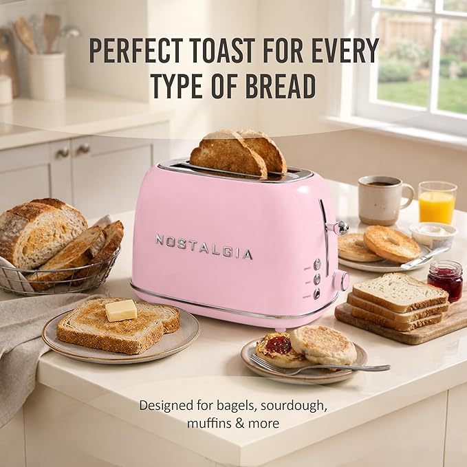Nostalgia Classic Retro 2-Slice Toaster- Vintage Design- Enamel Coated Steel Body- Wide Slots for all Breads- Crumb Tray, Cord Storage- Defrost,Cancel and Bagel Function & 6 Toasting Levels- Pink