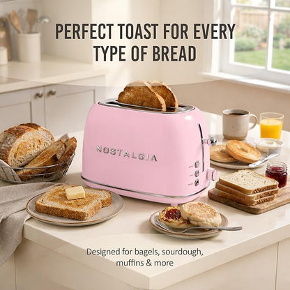 Nostalgia Classic Retro 2-Slice Toaster- Vintage Design- Enamel Coated Steel Body- Wide Slots for all Breads- Crumb Tray, Cord Storage- Defrost,Cancel and Bagel Function & 6 Toasting Levels- Pink