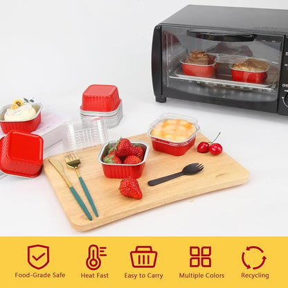 LNYZQUS 5oz Cupcake Pans Disposable Ramekins 40 Pack, Aluminum Foil Cupcake Liners with Lids,Square Brownie Mini Cake Baking Pans Muffin Tin Holders for Christmas-Red