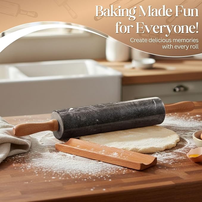 Flexzion Marble Rolling Pin Heavy Nonstick Stone Dough Roller - 10 Inch Polished Barrel with Wooden Handles & Cradle Stand for Baking Pastry Bread Pizza Cookies Pie Crust Pasta Tortillas (Black)