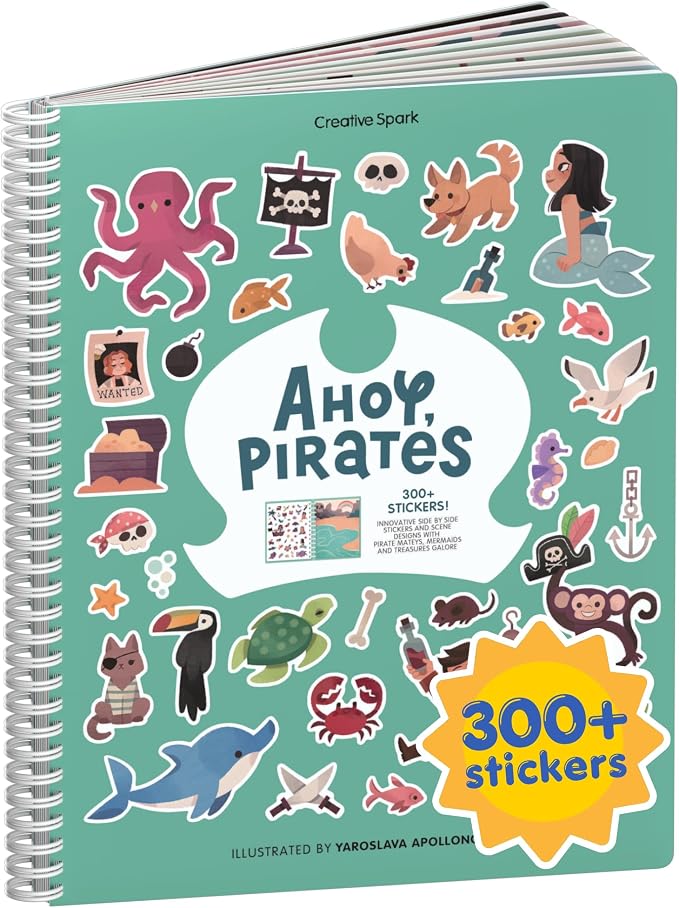 Cupkin Pirate Sticker Book Activity for Kids, Toddler Airplane Travel Essentials, 300+ Pirate Stickers for Kids + 8 Scenes + 8 Coloring Book Pages, Gift for Boys and Girls, Small Sticker Book