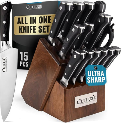 Cutluxe 15-Piece Knife Set – High Carbon German Steel Blades, Full Tang Design & Ergonomic Pakkawood Handles in Walnut Wood Block – Artisan Series