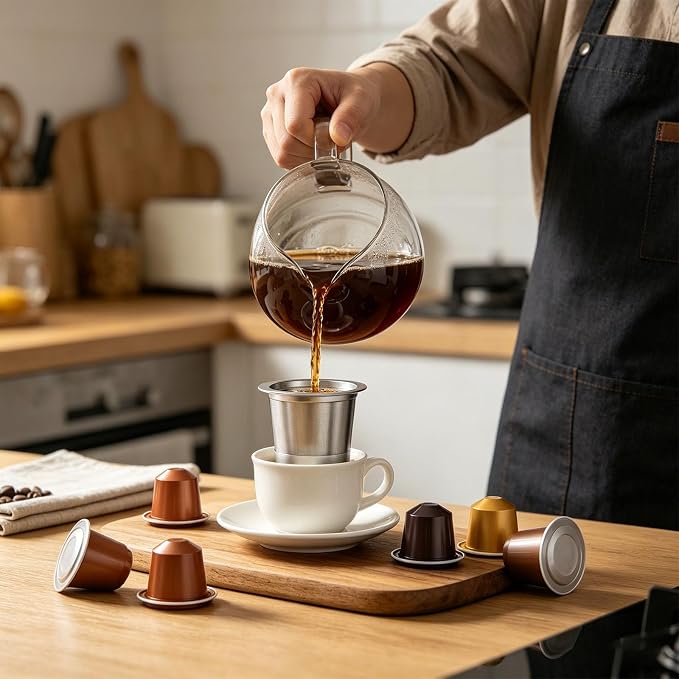 Reusable Stainless Steel Coffee Cup with Measuring Spoon for Single Serve Machines Sustainable Design