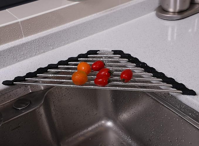 Triangle Dish Drying Rack for Sink Corner Roll Up Dish Drying Rack Folding Stainless Steel Multipurpose Over The Sink Corner Dish Drainer Mat for Kitchen (Black)