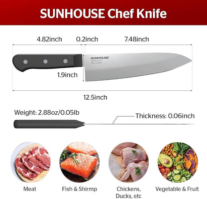 Sunhouse Chef Knife 7.5 Inch Ultra Sharp Kitchen Knife - High Carbon Stainless Steel, Ergonomic Non-Slip Handle, Apartment Essentials, Fathers Day Gift for Dad Husband Him