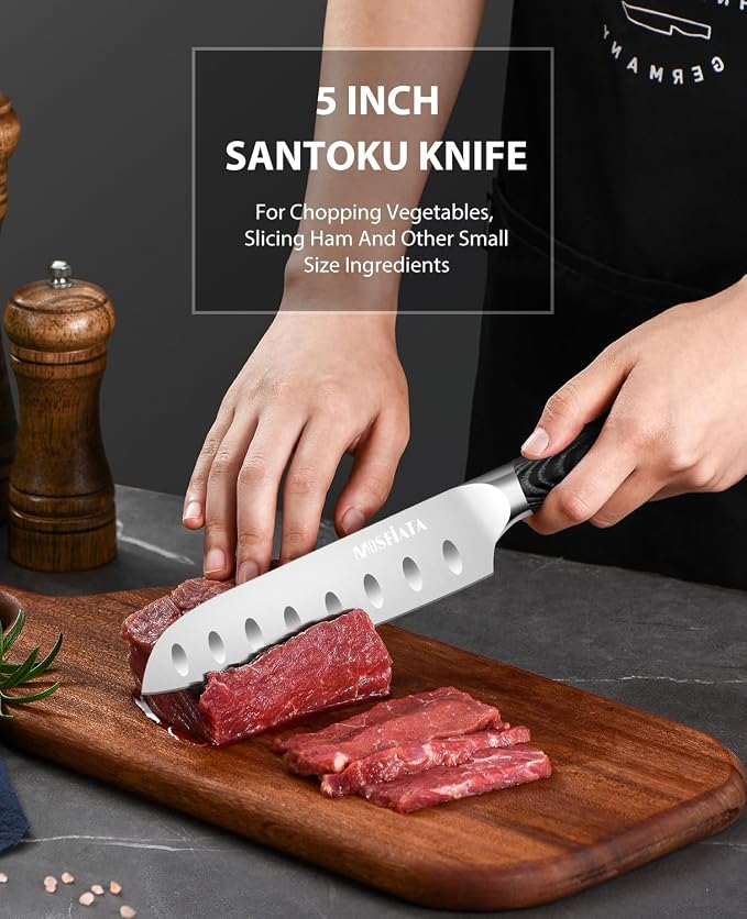 MOSFiATA 3pcs Kitchen Knife Set, Sharp Chef Knife High Carbon German EN1.4116 Stainless Steel Santoku Cooking Knife, Fruit Paring Knife Kitchen Chopping Knives Set with Wooden Handle and Gift Box