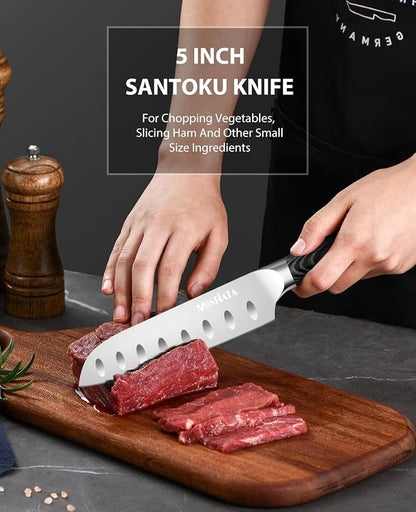MOSFiATA 3pcs Kitchen Knife Set, Sharp Chef Knife High Carbon German EN1.4116 Stainless Steel Santoku Cooking Knife, Fruit Paring Knife Kitchen Chopping Knives Set with Wooden Handle and Gift Box