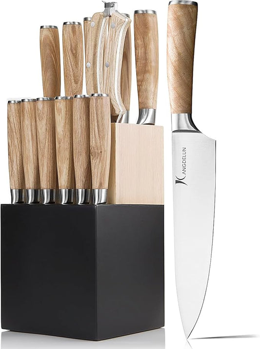Kangdelun Ultra Sharp 14-Piece Kitchen Knife Set, High Carbon Stainless Steel Blades, Torrefied Natural Wood Handles, Ergonomic Design, Space-Saving Black-Finished Wood Block, Easy Hand Wash, Gift Box