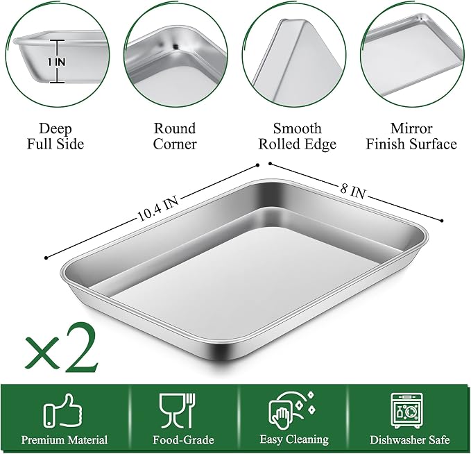 P&P CHEF 10.4 Inch Toaster Oven Pan with Rack Set, Stainless Steel Baking Pan Tray and Grid Cooling Rack for Cooking/Roasting, Dishwasher Safe & Easy to Clean, Non-toxic & Sturdy, (4Pcs)