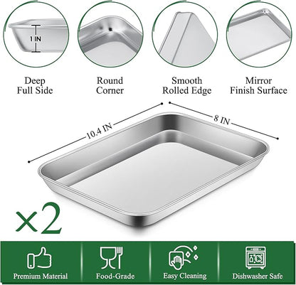 P&P CHEF 10.4 Inch Toaster Oven Pan with Rack Set, Stainless Steel Baking Pan Tray and Grid Cooling Rack for Cooking/Roasting, Dishwasher Safe & Easy to Clean, Non-toxic & Sturdy, (4Pcs)