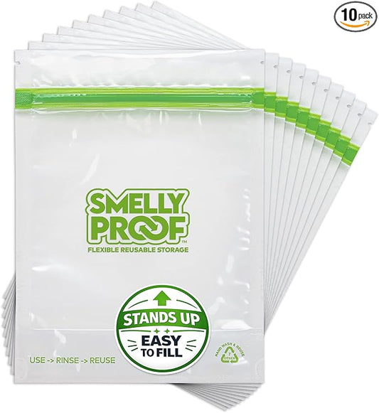 Smelly Proof 10 x Expandable Stand & Fill REUSABLE Storage Bags for Food Designed & Mfg in US, BPA FREE, NO PEVA, Reusable Sandwich Bags, Dishwasher-Safe, Clear 3 mils STAND UP 6.5" x 7.5" - 10pk