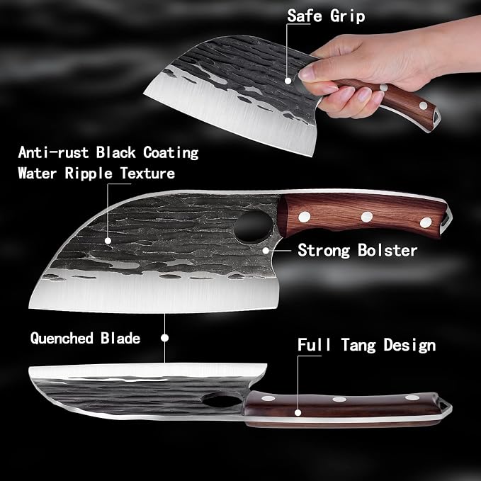 ROCOCO Serbian Chef Knife 6.5" Butcher Knife Japanese Full Tang Boning Chopping Viking Cleaver with Sheath for Kitchen Outdoor BBQ Camping Father Mother Christmas Gift Gift Men