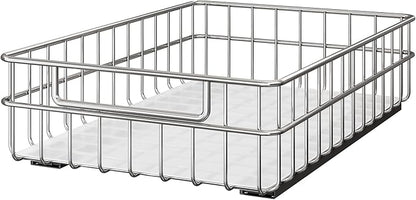 Pull out Cabinet Organizer, Stainless Steel 1-Pack (9.8"W x 16.5"D) Full-Extension Slide out Drawer, Adhesive Roll out Can Spice Storage Basket Shelf Rack for Pantry, Kitchen, Bathroom, Home Closet
