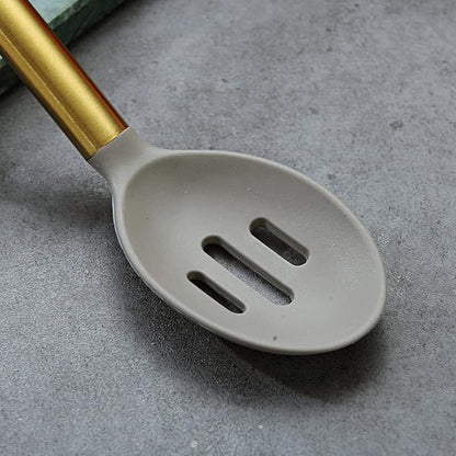 Berglander Non-stick Silicone Slotted Spoon, Titanium Gold Plated Handle, Basting Spoon, Dishwasher Safe, Easy to Clean