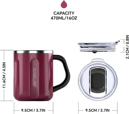 Ideus 16 oz Coffee Cup, Stainless Steel Coffee Travel Mug, Spill Proof Tea Mug with Handle and Lid, Lightweight and Durable, Great for Office Home and Outdoor Use, Burgundy-FUJI FLOW