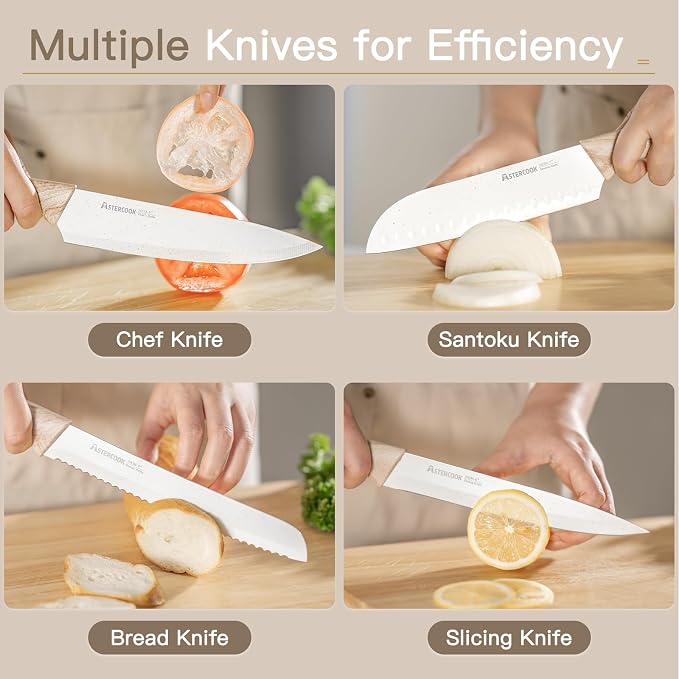 Astercook Knife Set, 13 Pieces Kitchen Knives Set with Ceramic Coating, Stainless Steel Chef Knife Sets with 6 Blade Guards, Dishwasher Safe Knives with Wooden Handle, Elegant White