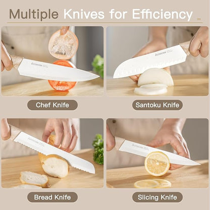 Astercook Knife Set, 13 Pieces Kitchen Knives Set with Ceramic Coating, Stainless Steel Chef Knife Sets with 6 Blade Guards, Dishwasher Safe Knives with Wooden Handle, Elegant White