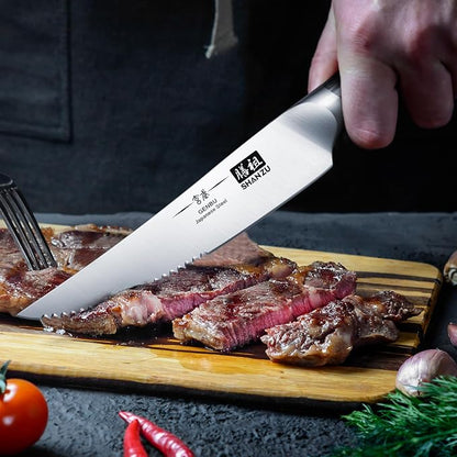 SHAN ZU 6 Pc Steak Knife Set, 4.5 Inch High Carbon Japanese Super Steel Steak Knives, Ultra Sharp Kitchen Steak Knife with K133 Ergonomic Handle, Black Tortoise Genbu Series