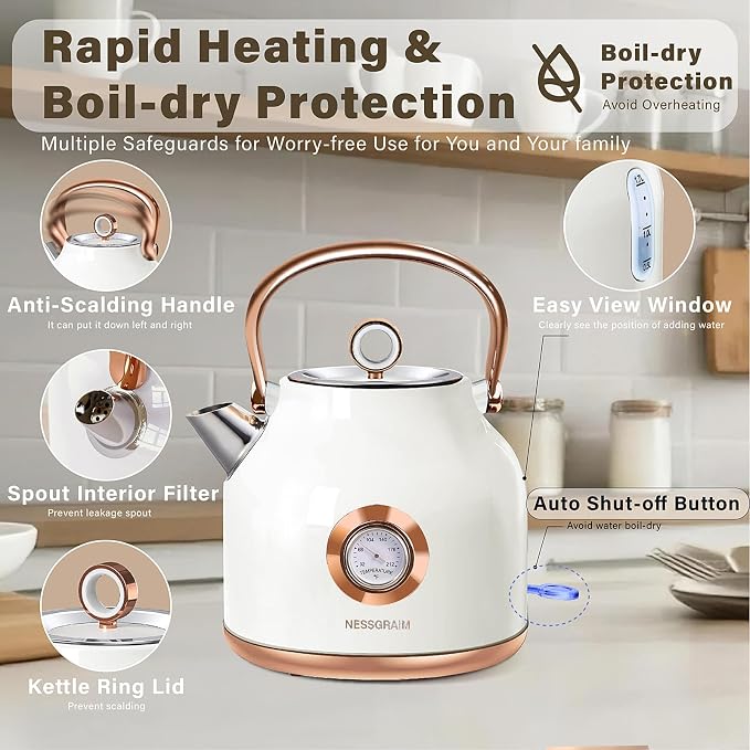 Retro Electric Kettle, 1.7L Stainless Steel Tea Kettle with Large Temperature Gauge, 1500W Fast Heating Hot Water Boiler with LED Indicator, Auto Shut-off & Boil-Dry Protection-Reteo White