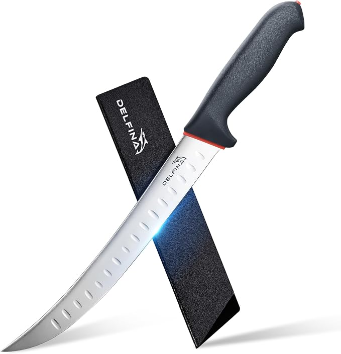 DELFINA Curved Breaking Knife 10 inch W/Sheath & SoftGrip Handle, Butcher Breaking Knife For Meat Cutting, High Carbon Japanese Steel
