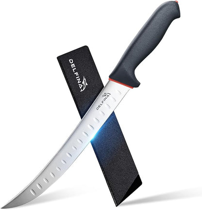 DELFINA Curved Breaking Knife 10 inch W/Sheath & SoftGrip Handle, Butcher Breaking Knife For Meat Cutting, High Carbon Japanese Steel