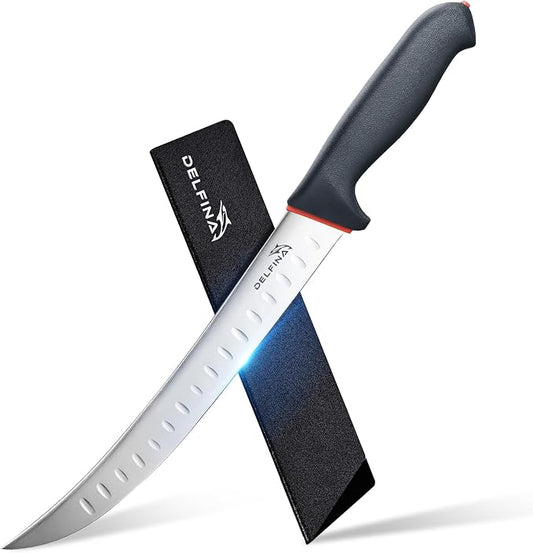 DELFINA Curved Breaking Knife 10 inch W/Sheath & SoftGrip Handle, Butcher Breaking Knife For Meat Cutting, High Carbon Japanese Steel