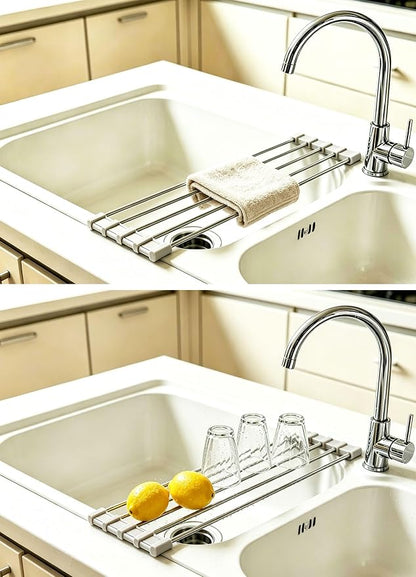 Ahyuan Roll up Dish Drying Rack Over The Sink Kitchen Roll up Sink Drying Rack Portable Dish Drainer Foldable Dish Drying Rack (Warm Gray, 17.8''X3.7'')