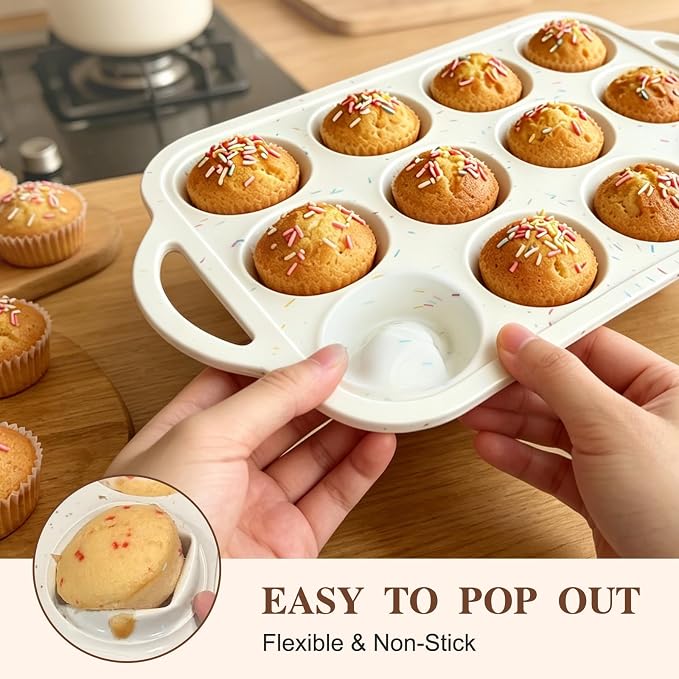 2 Pack Silicone Muffin Pans for Baking, 12 Cup Cupcake Pan with Metal Reinforced Frame, 3 Baking Tools Included, Nonstick Molds for Homemade Muffins, Cupcakes, Egg Bites, Oven Dishwasher Safe
