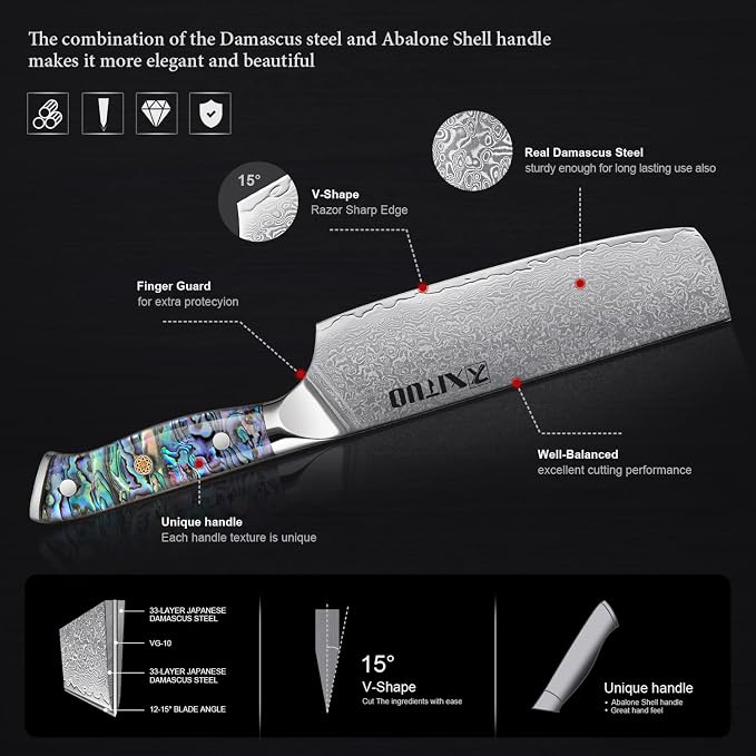 XITUO 7-Inch Nakiri Knife, Japanese VG-10 Damascus Steel (67 Layers), Razor Sharp Asian Vegetable & Meat Chopper, Ergonomic Abalone Shell Handle, Chef Knife with Gift Box