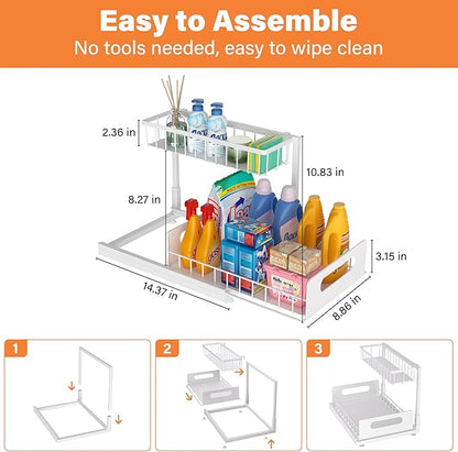 Under Sink Organizer 2 Tier, Pull Out Drawer Slides Under Sink Storage for Bathroom Kitchen,Multi-Purpose Drawer Under Cabinet Organizer for Cleaning Supplies (White, 1 Pack)