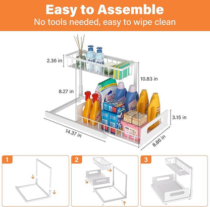 Under Sink Organizer 2 Tier, Pull Out Drawer Slides Under Sink Storage for Bathroom Kitchen,Multi-Purpose Drawer Under Cabinet Organizer for Cleaning Supplies (White, 2 Pack)