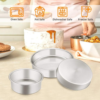 E-far Cake Pan Set of 3 (4 inch/6 inch/8 inch), Stainless Steel Small Round Layer Cake Baking Pans, Perfect for Tier Smash Cake, Non-Toxic & Healthy, Mirror Finish & Dishwasher Safe
