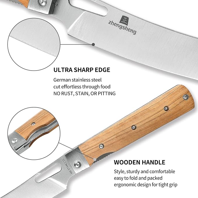 ZhengSheng Folding Chef Knife with Nylon Pouch 4.8” Ultra Sharp 440A Stainless Steel Blade Natural Olive Handle Pocket Foldable Japanese Style Kitchen Knife for Outdoor Camping BBQ trip Cooking.