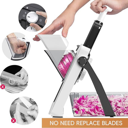 [7 in 1 ] Vegetable Slicer for Kitchen, Safe Mandoline Slicer, Adjustable Veggie Potato French Fry Cutter, Wider Tray & Stainless Steel Grater & Filter Basket & Lid & Cleaning Brush (Gray Pro)