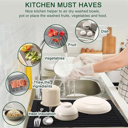 HANZENMA Roll Up Dish Drying Rack Over The Sink Kitchen Roll Up Sink Drying Rack Multipurpose Foldable Sink Drying Mat, Heat-Resistant, Anti-Slip & Anti-Rust Dish Rack for Kitchen, 17" x 13", Black