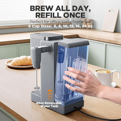 Tastyle 330MF Single Serve Coffee Maker with Built-in Detachable Milk Frother, Iced and Hot Coffee Machine for K Cup & Grounds, 40oz Removable Water Reservoir, 6 Cup Sizes, Fits 7.3" Travel Mug, Gray