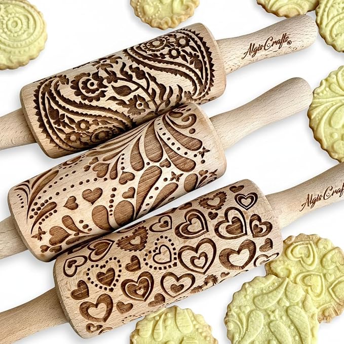 LOVELY DAY 3 KID Rolling Pin SET with HEART, PAISLEY and SPRING patterns. Wooden Laser Cut Mini embossing Rolling Pins for cookies, play dough, salt dough or clay by Algis Crafts