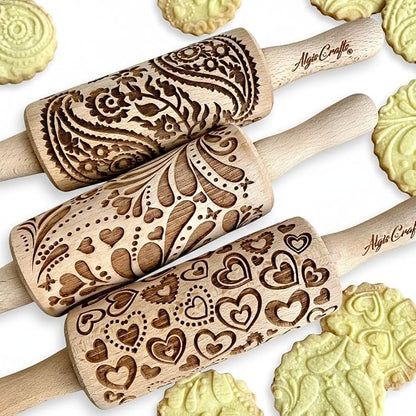 LOVELY DAY 3 KID Rolling Pin SET with HEART, PAISLEY and SPRING patterns. Wooden Laser Cut Mini embossing Rolling Pins for cookies, play dough, salt dough or clay by Algis Crafts