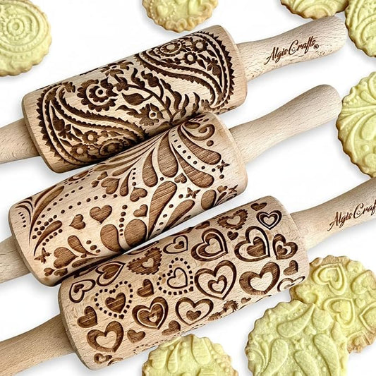 LOVELY DAY 3 KID Rolling Pin SET with HEART, PAISLEY and SPRING patterns. Wooden Laser Cut Mini embossing Rolling Pins for cookies, play dough, salt dough or clay by Algis Crafts