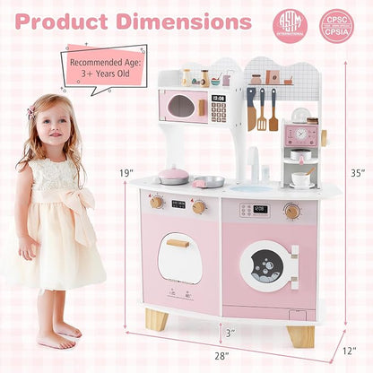 Costzon Play Kitchen, Wooden Toy Kitchen Set with Coffee Maker Playset, Washing Machine, Microwave, Oven, Pretend Play Cooking Accessories, Kids Kitchen Playset, Gift for Boys Girls (Pink)