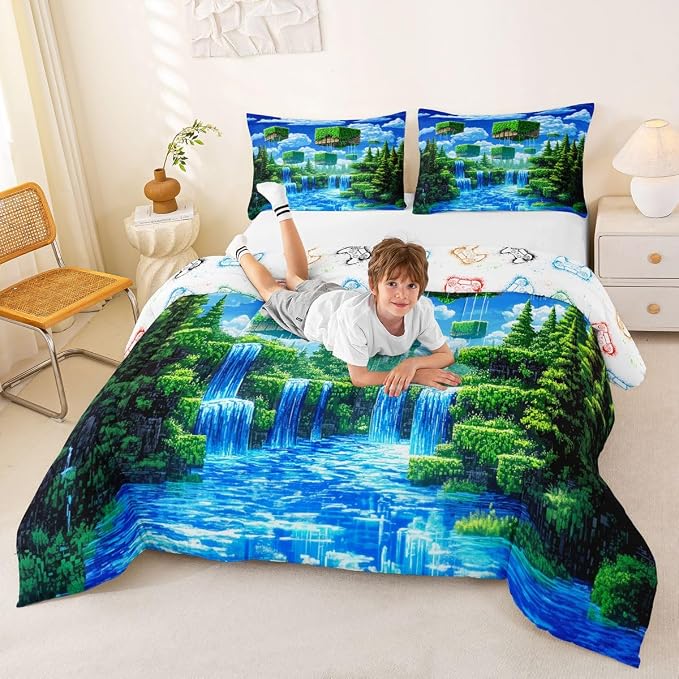 Manfei Pixelated Games Full Size Comforter Set,Pixel Grid Gamepad Bedding Comforters Bedroom Collection,Abstract Geometric Duvet Insert,Army Camo Room Decor 3 Pcs Bedding Set for Girls Teens
