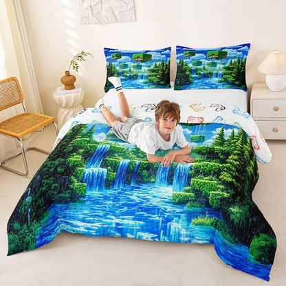 Manfei Pixelated Games Full Size Comforter Set,Pixel Grid Gamepad Bedding Comforters Bedroom Collection,Abstract Geometric Duvet Insert,Army Camo Room Decor 3 Pcs Bedding Set for Girls Teens